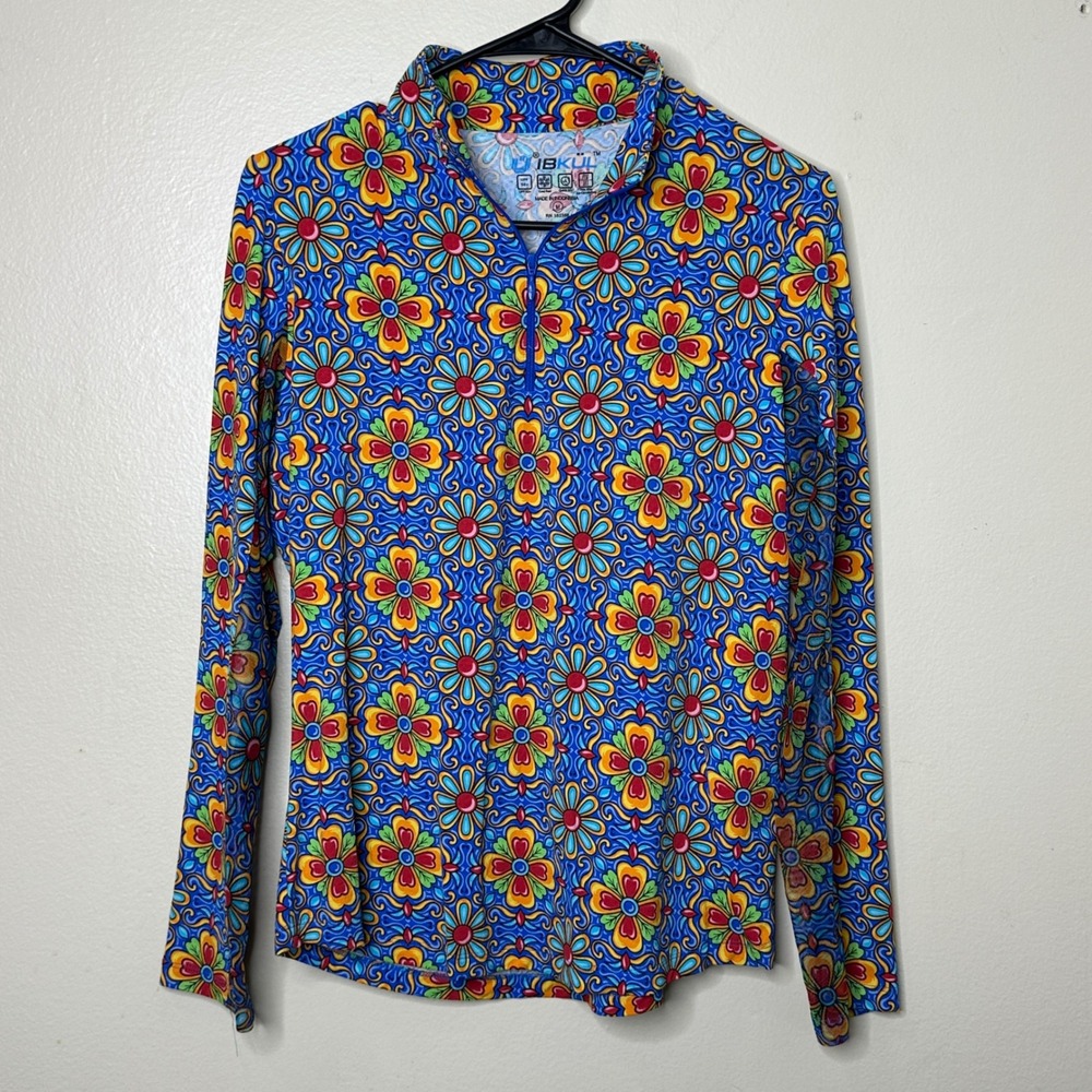 IBKUL Sun Shirt 1/4 Zip Pullover Blue Floral UPF 50+ Long Sleeve size Medium